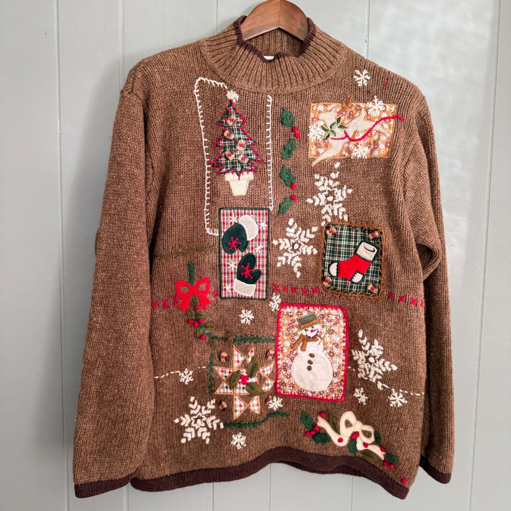 Victoria Jones Women's XL Brown Novelty Christmas Sweater Patchwork Grannycore